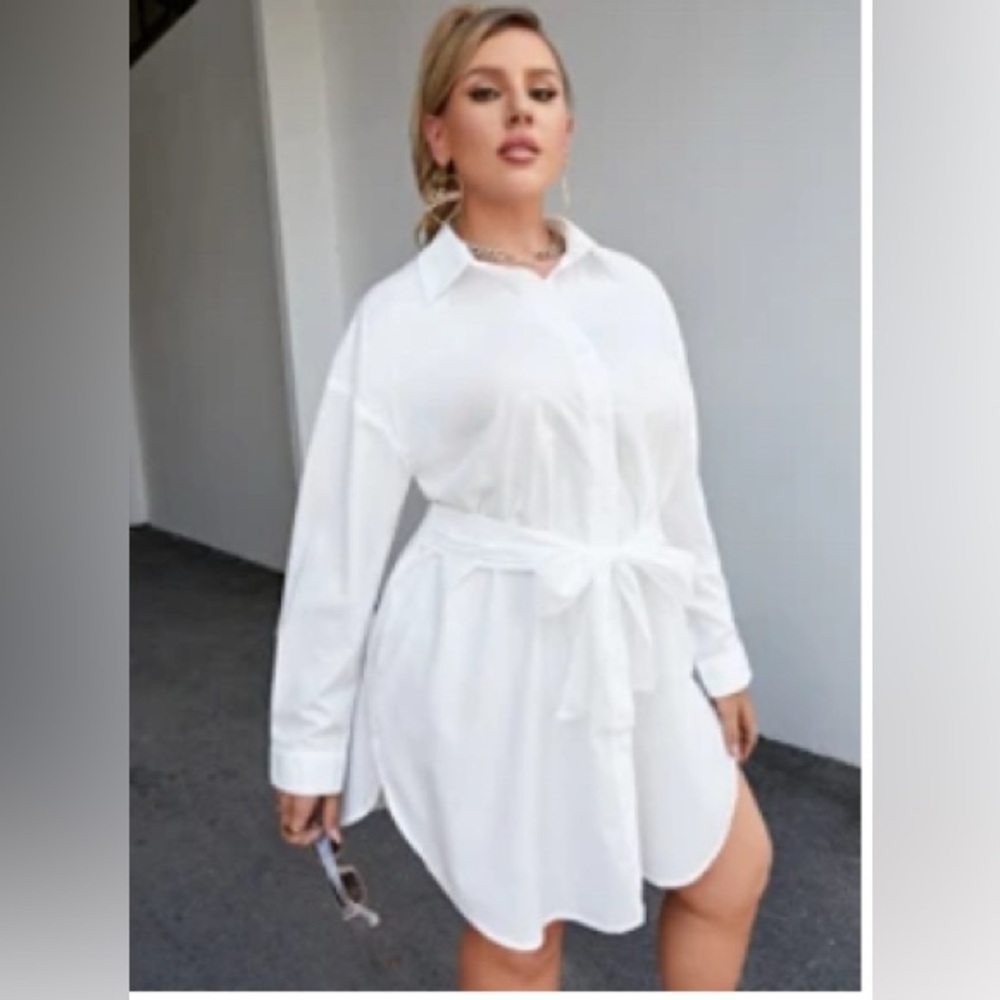 Plus Size Solid Drop Shoulder Belted Shirt Dress